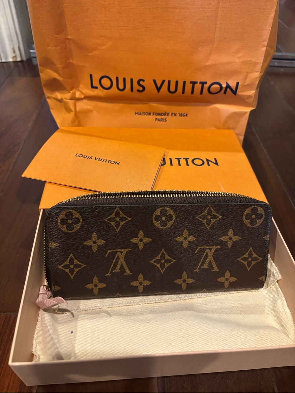 Louis Vuitton Brown Monogram Zip Wallet with Pink Zip Pull